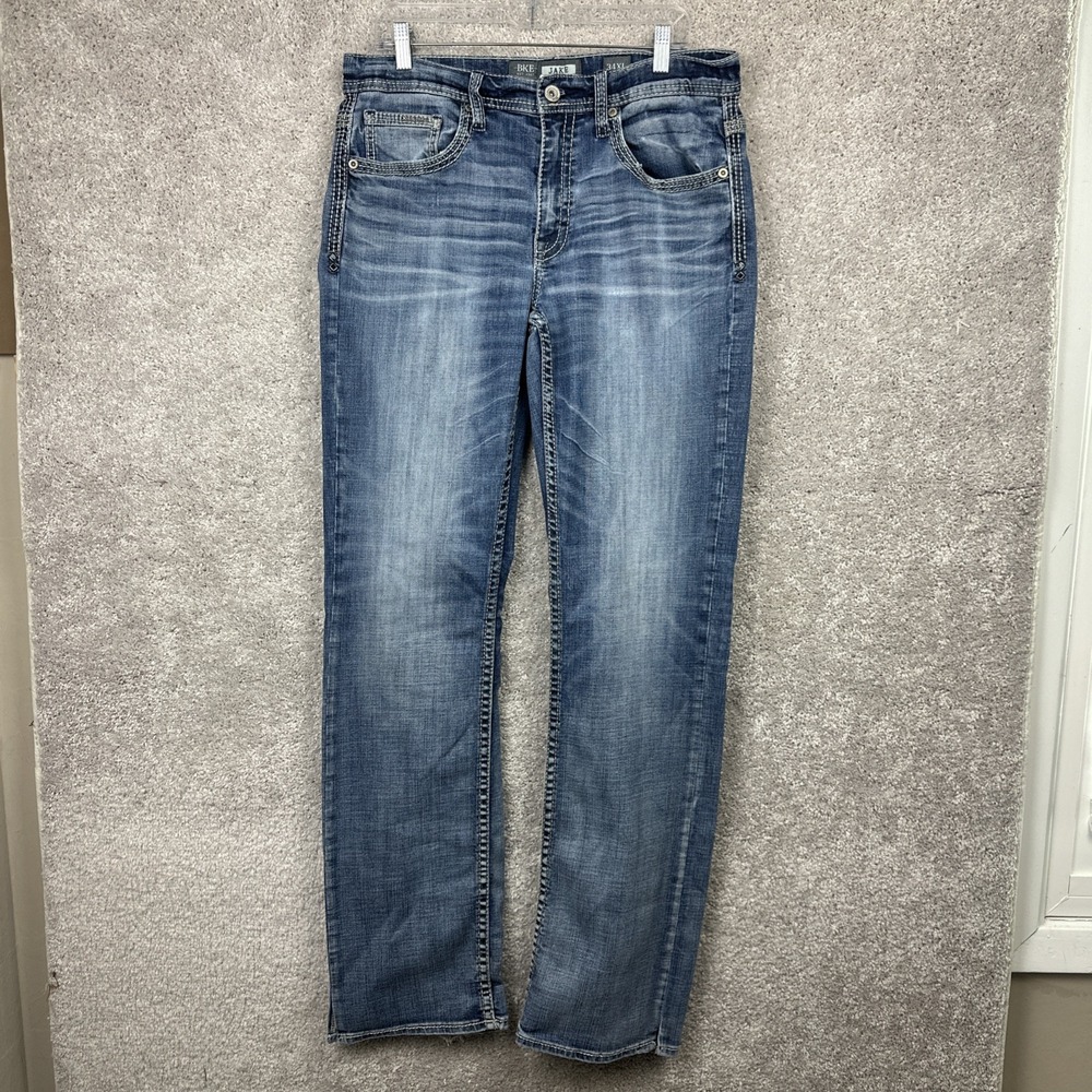 BKE Jake Jeans Mens 34 XL Blue Bootleg Bootcut Denim Distressed Faded Wash Pants